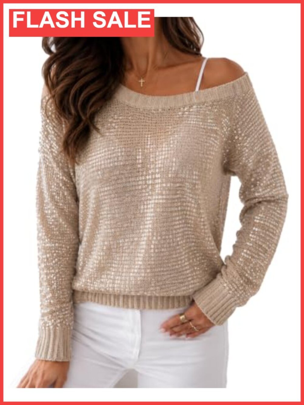 Off the Shoulder Sequin Knit Sweater Pullover Lightweight